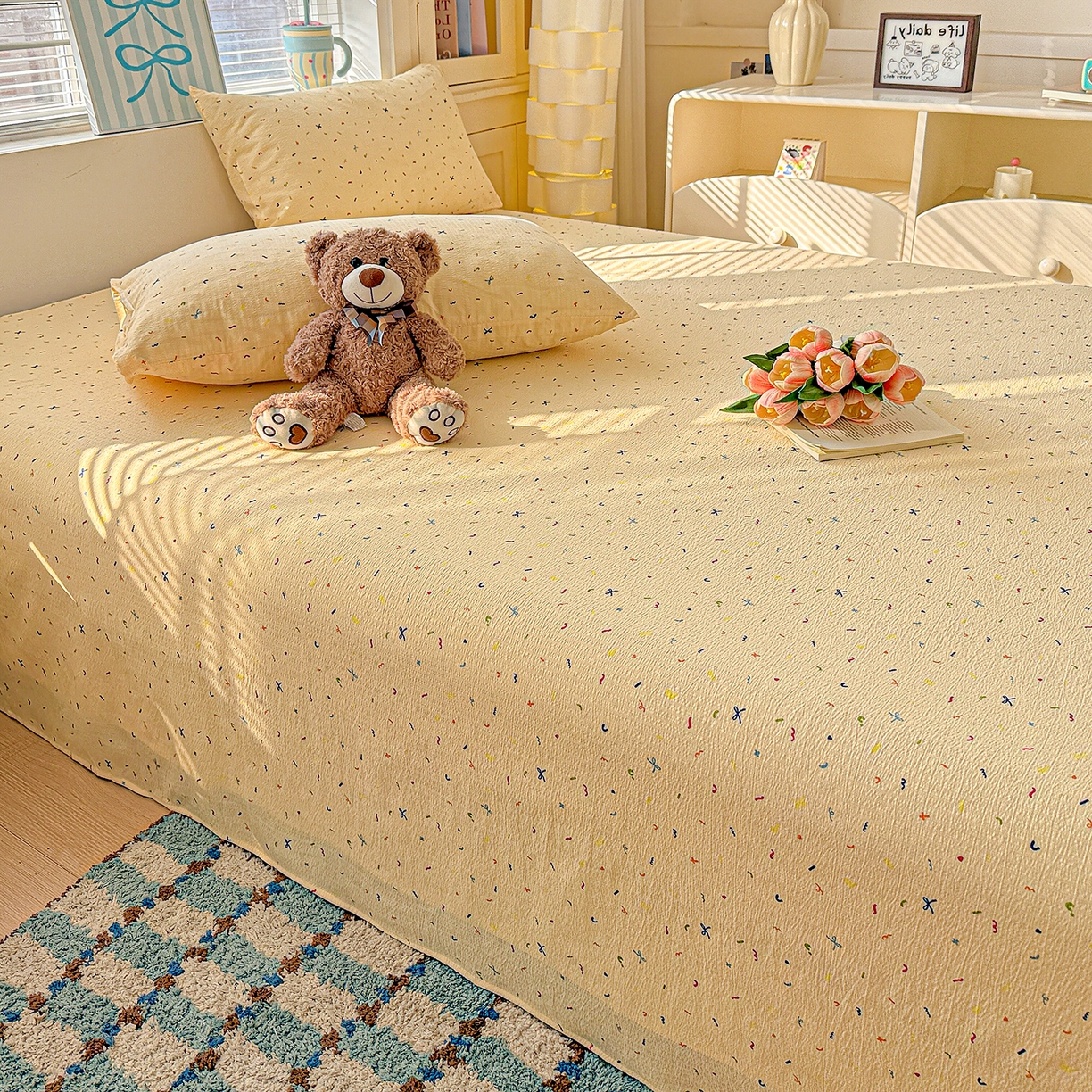 91家纺网 家纺一手货源 找家纺 仟人梦 2026新款云感双层纱印花单床单-叠拍图 冰淇凌