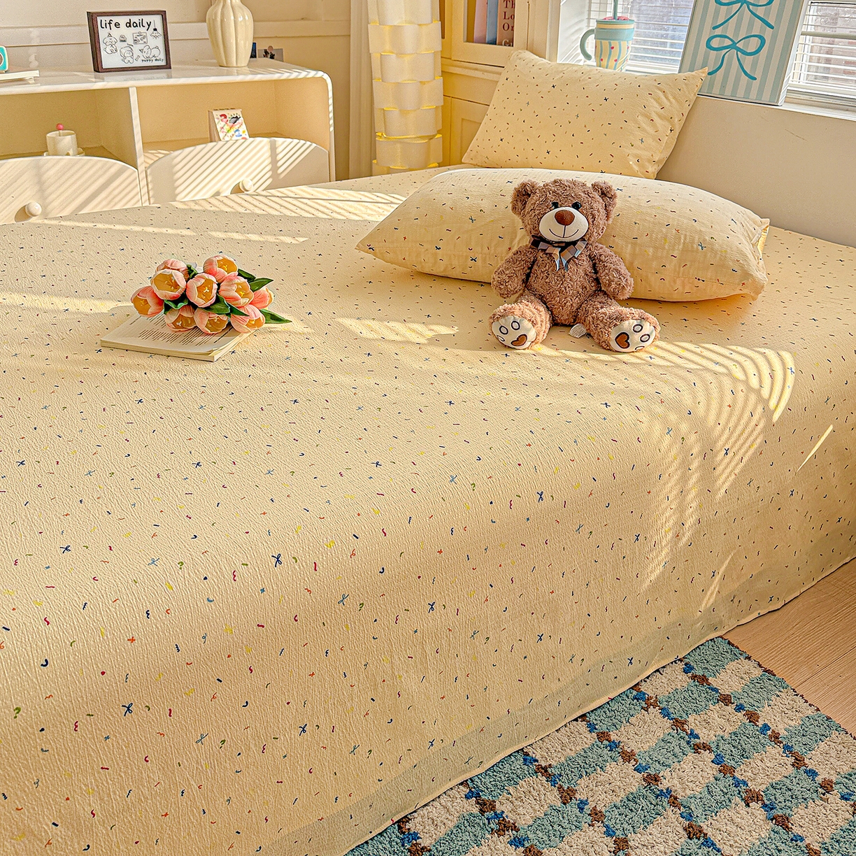 91家纺网 家纺一手货源 找家纺 仟人梦 2026新款云感双层纱印花单床单-叠拍图 冰淇凌