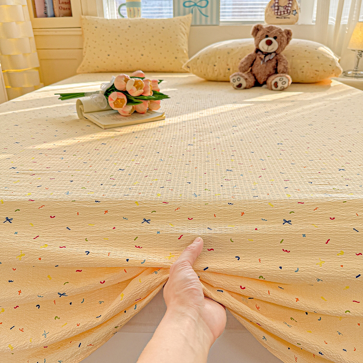 91家纺网 家纺一手货源 找家纺 仟人梦 2026新款云感双层纱印花单床单-叠拍图 冰淇凌