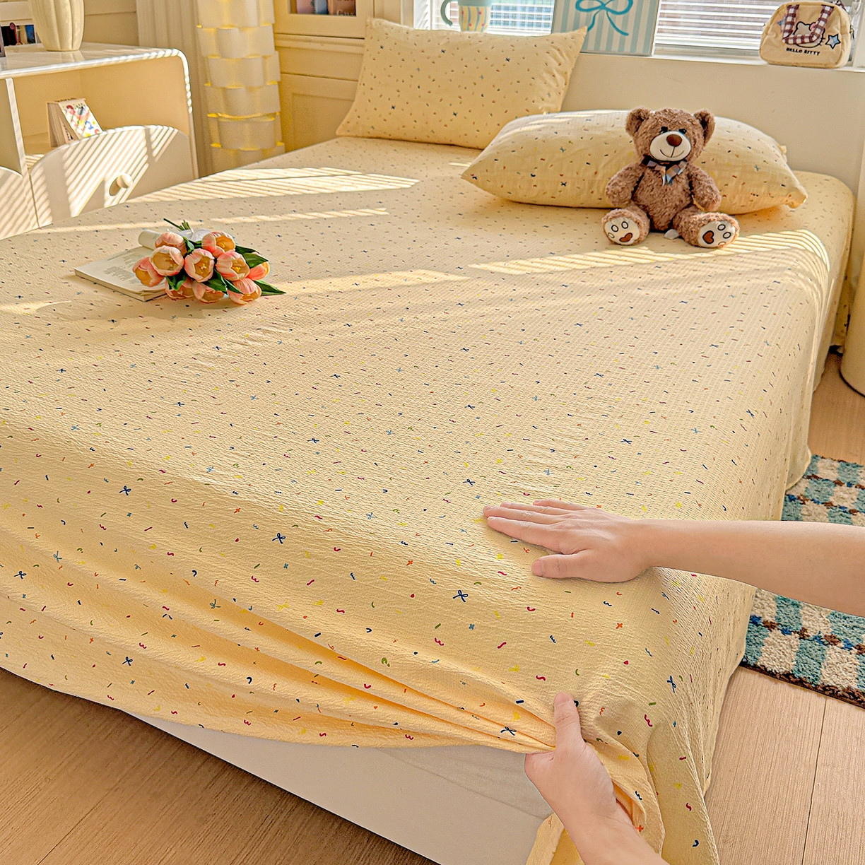 91家纺网 家纺一手货源 找家纺 仟人梦 2026新款云感双层纱印花单床单-叠拍图 冰淇凌