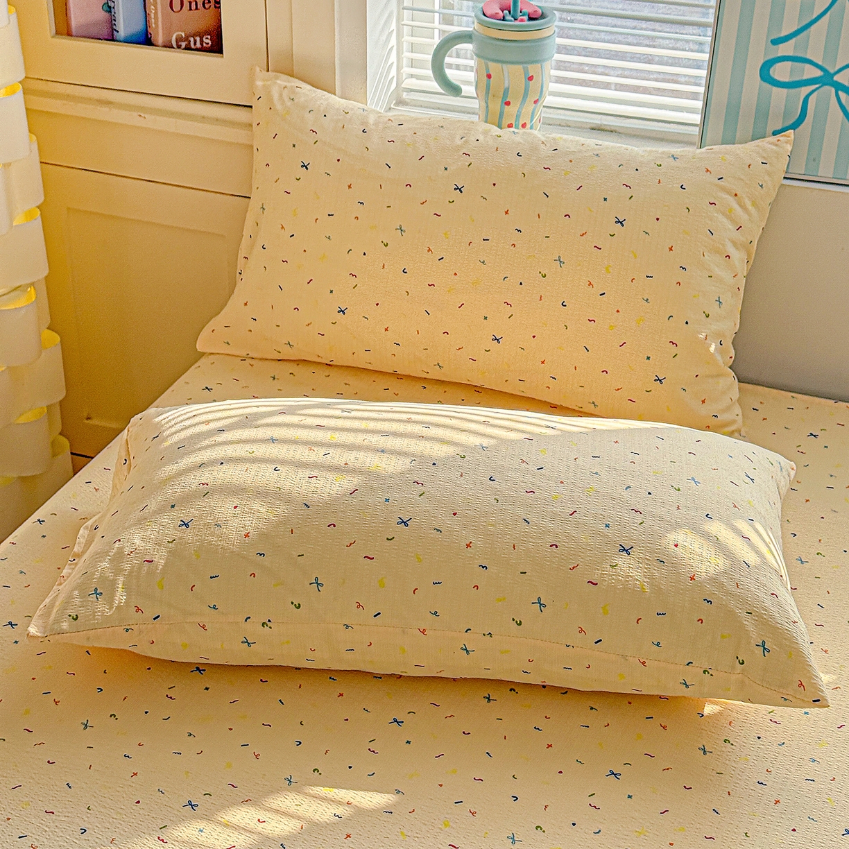 91家纺网 家纺一手货源 找家纺 仟人梦 2026新款云感双层纱印花单床单-叠拍图 冰淇凌