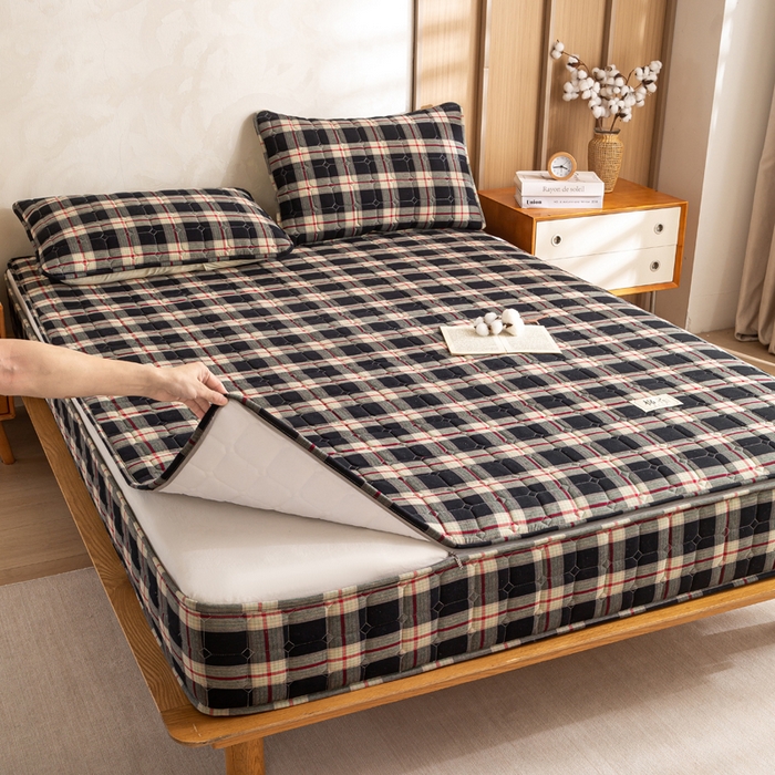 91家纺网 家纺一手货源 找家纺 （总）伊人坊 2026新款纯棉深格子无印风六面全包夹棉床笠床垫保护套