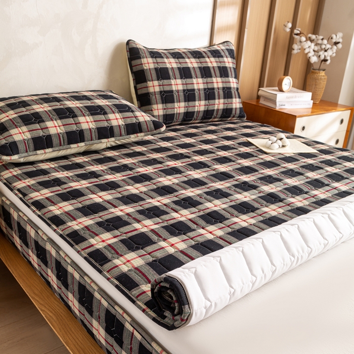 91家纺网 家纺一手货源 找家纺 （总）伊人坊 2026新款纯棉深格子无印风六面全包夹棉床笠床垫保护套