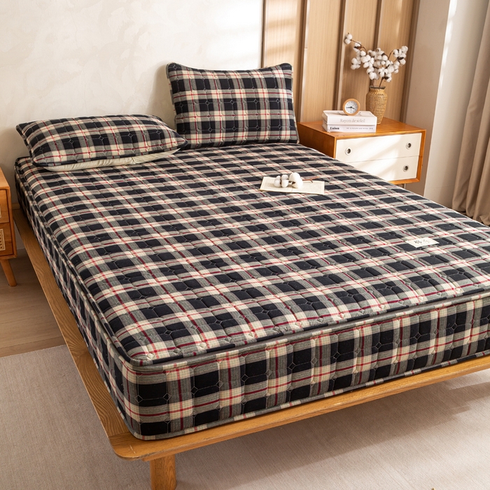 91家纺网 家纺一手货源 找家纺 （总）伊人坊 2026新款纯棉深格子无印风六面全包夹棉床笠床垫保护套