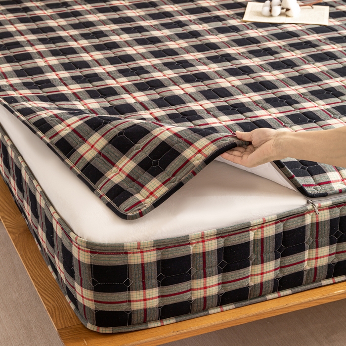 91家纺网 家纺一手货源 找家纺 （总）伊人坊 2026新款纯棉深格子无印风六面全包夹棉床笠床垫保护套