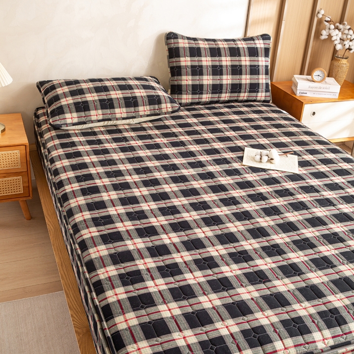 91家纺网 家纺一手货源 找家纺 （总）伊人坊 2026新款纯棉深格子无印风六面全包夹棉床笠床垫保护套