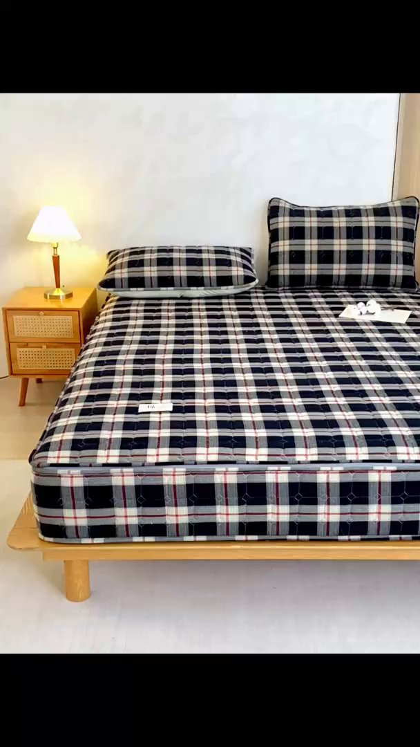 91家纺网 家纺一手货源 找家纺 （总）伊人坊 2026新款纯棉深格子无印风六面全包夹棉床笠床垫保护套