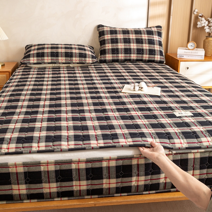 91家纺网 家纺一手货源 找家纺 （总）伊人坊 2026新款纯棉深格子无印风六面全包夹棉床笠床垫保护套