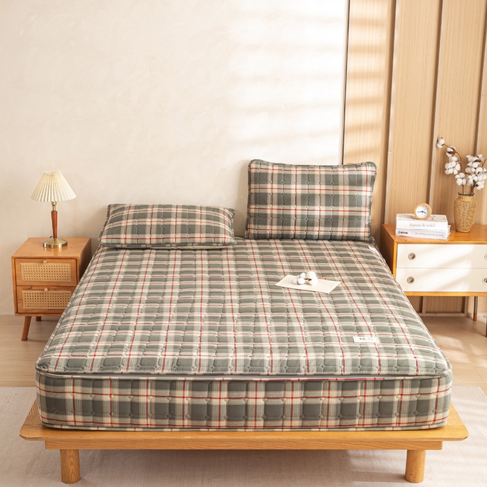 91家纺网 家纺一手货源 找家纺 伊人坊 2026新款纯棉深格子无印风六面全包夹棉床笠床垫保护套 沐研-绿