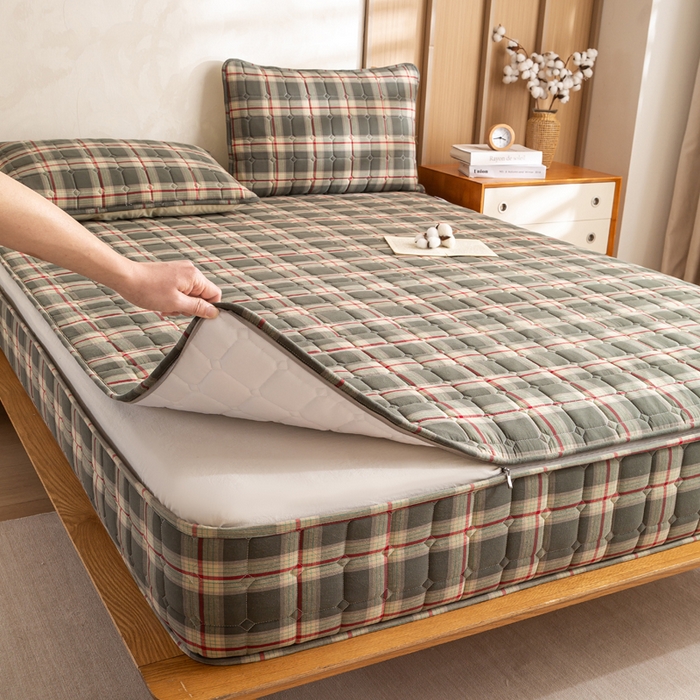 91家纺网 家纺一手货源 找家纺 伊人坊 2026新款纯棉深格子无印风六面全包夹棉床笠床垫保护套 沐研-绿