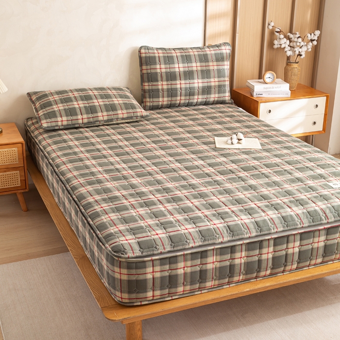 91家纺网 家纺一手货源 找家纺 伊人坊 2026新款纯棉深格子无印风六面全包夹棉床笠床垫保护套 沐研-绿