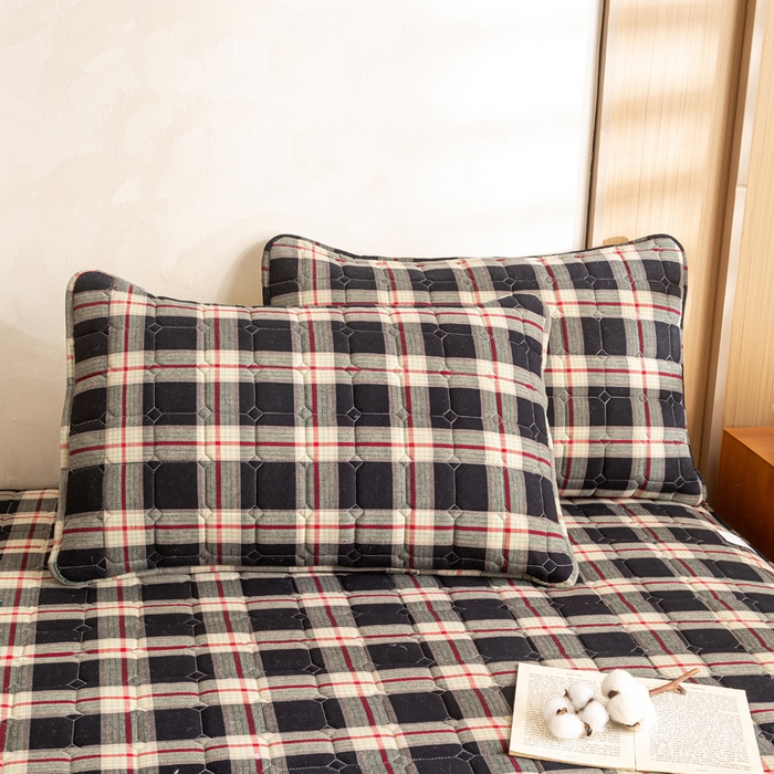 91家纺网 家纺一手货源 找家纺 伊人坊 2026新款纯棉深格子无印风六面全包夹棉床笠床垫保护套 木槿-黑