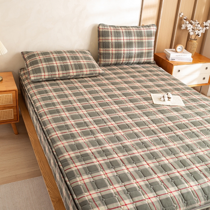 91家纺网 家纺一手货源 找家纺 伊人坊 2026新款纯棉深格子无印风六面全包夹棉床笠床垫保护套 沐研-绿