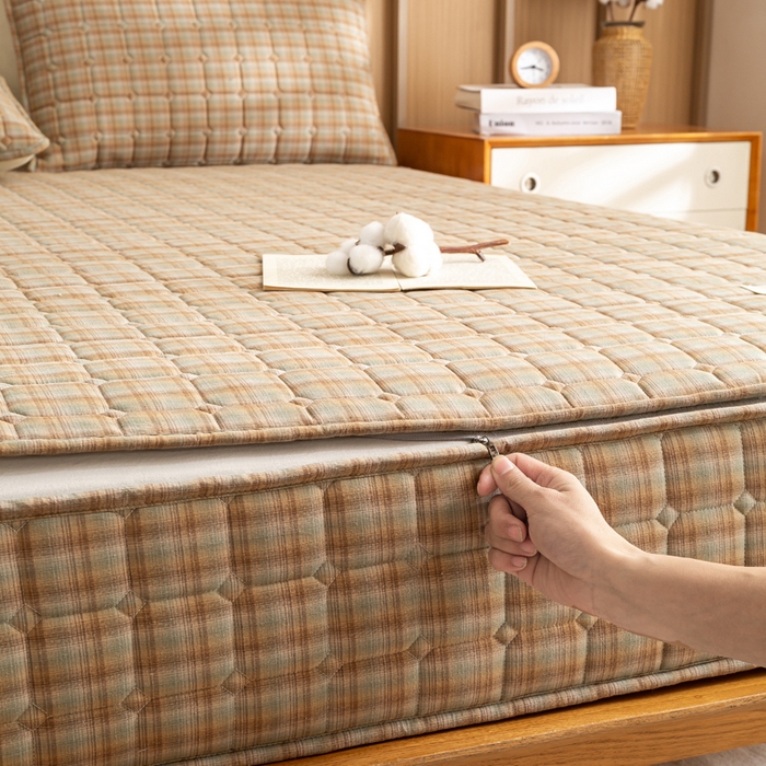 91家纺网 家纺一手货源 找家纺 （总）伊人坊 2026新款纯棉深格子无印风六面全包夹棉床笠床垫保护套