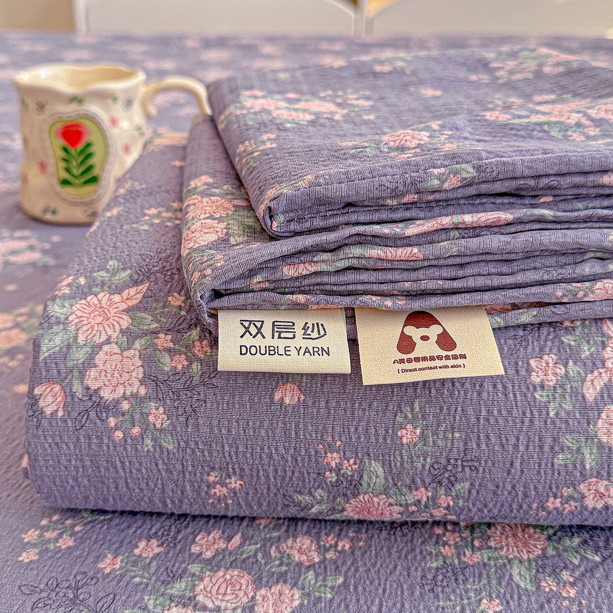 仟人梦 2026新款云感双层纱印花单床单-叠拍图 豆蔻