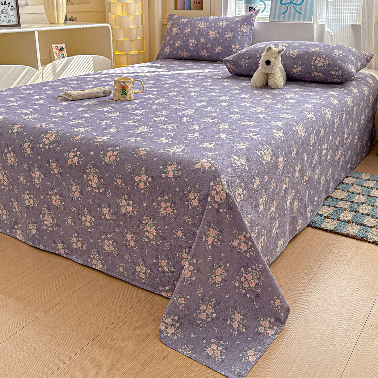 91家纺网 家纺一手货源 找家纺 仟人梦 2026新款云感双层纱印花单床单-叠拍图 豆蔻