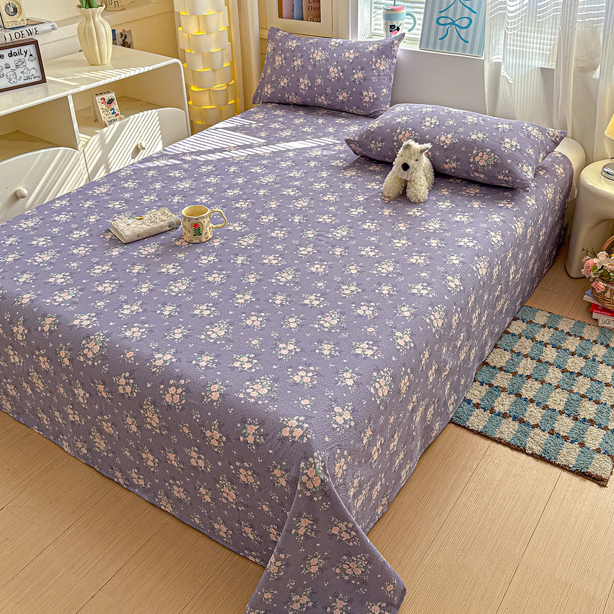 91家纺网 家纺一手货源 找家纺 仟人梦 2026新款云感双层纱印花单床单-叠拍图 豆蔻