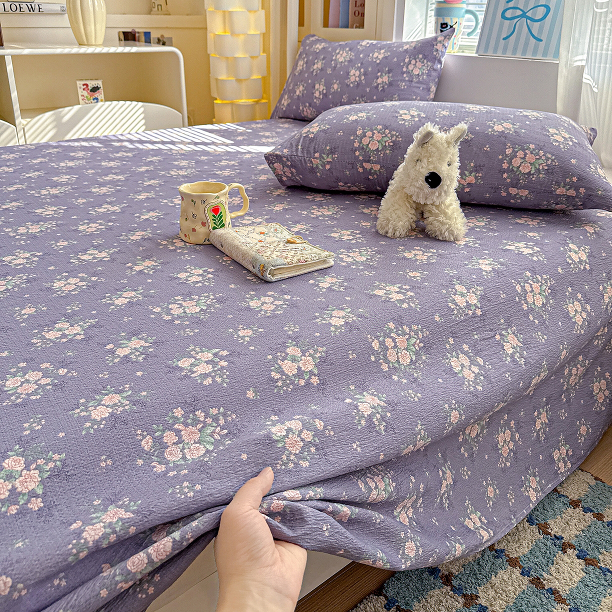 91家纺网 家纺一手货源 找家纺 仟人梦 2026新款云感双层纱印花单床单-叠拍图 豆蔻