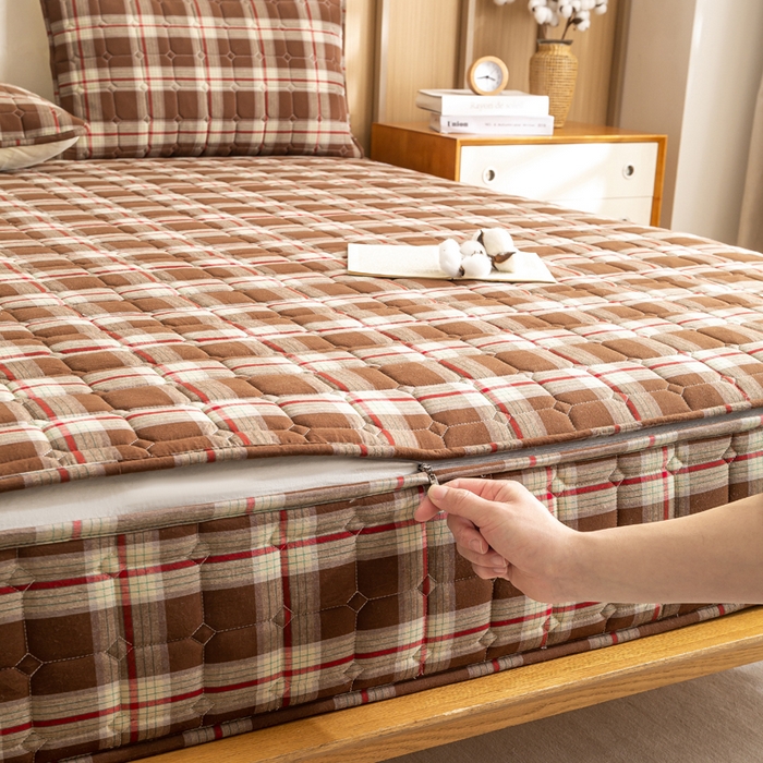 91家纺网 家纺一手货源 找家纺 （总）伊人坊 2026新款纯棉深格子无印风六面全包夹棉床笠床垫保护套