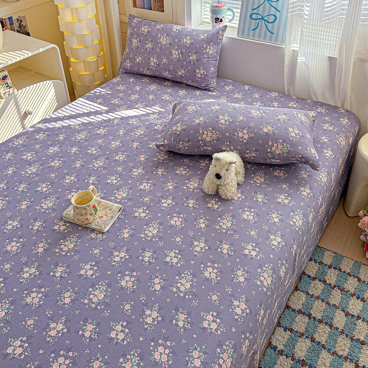 91家纺网 家纺一手货源 找家纺 仟人梦 2026新款云感双层纱印花单床单-叠拍图 豆蔻