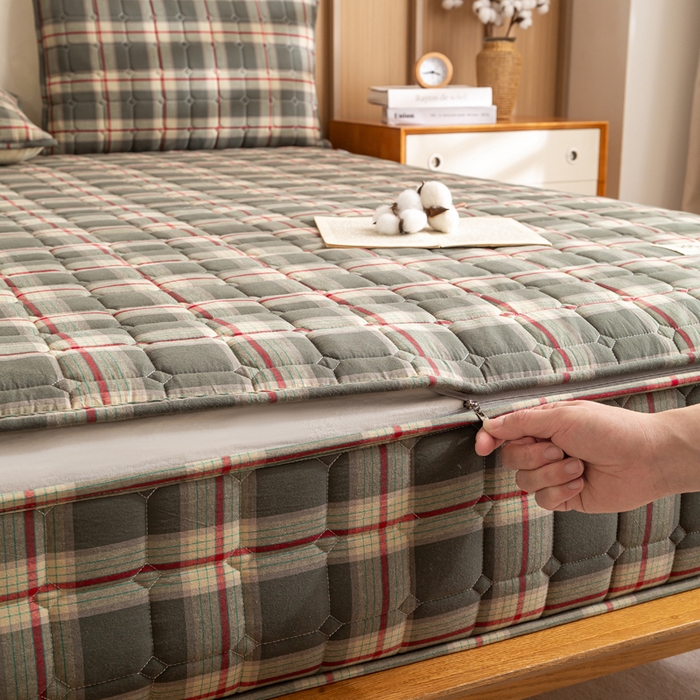 91家纺网 家纺一手货源 找家纺 （总）伊人坊 2026新款纯棉深格子无印风六面全包夹棉床笠床垫保护套