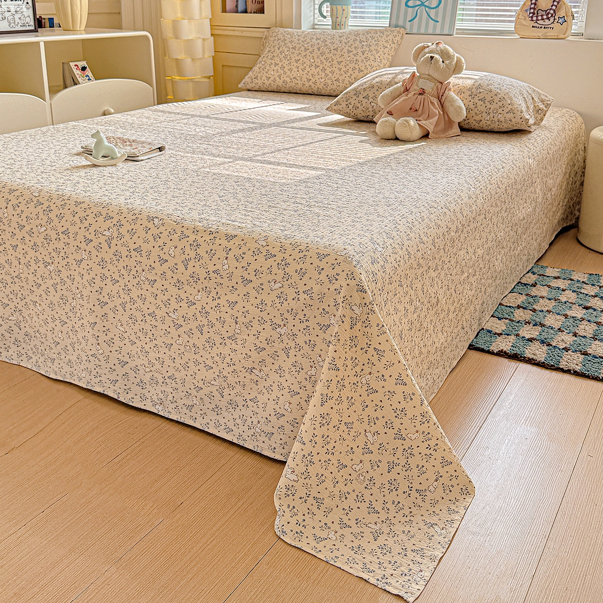 91家纺网 家纺一手货源 找家纺 仟人梦 2026新款云感双层纱印花单床单-叠拍图 花园兔