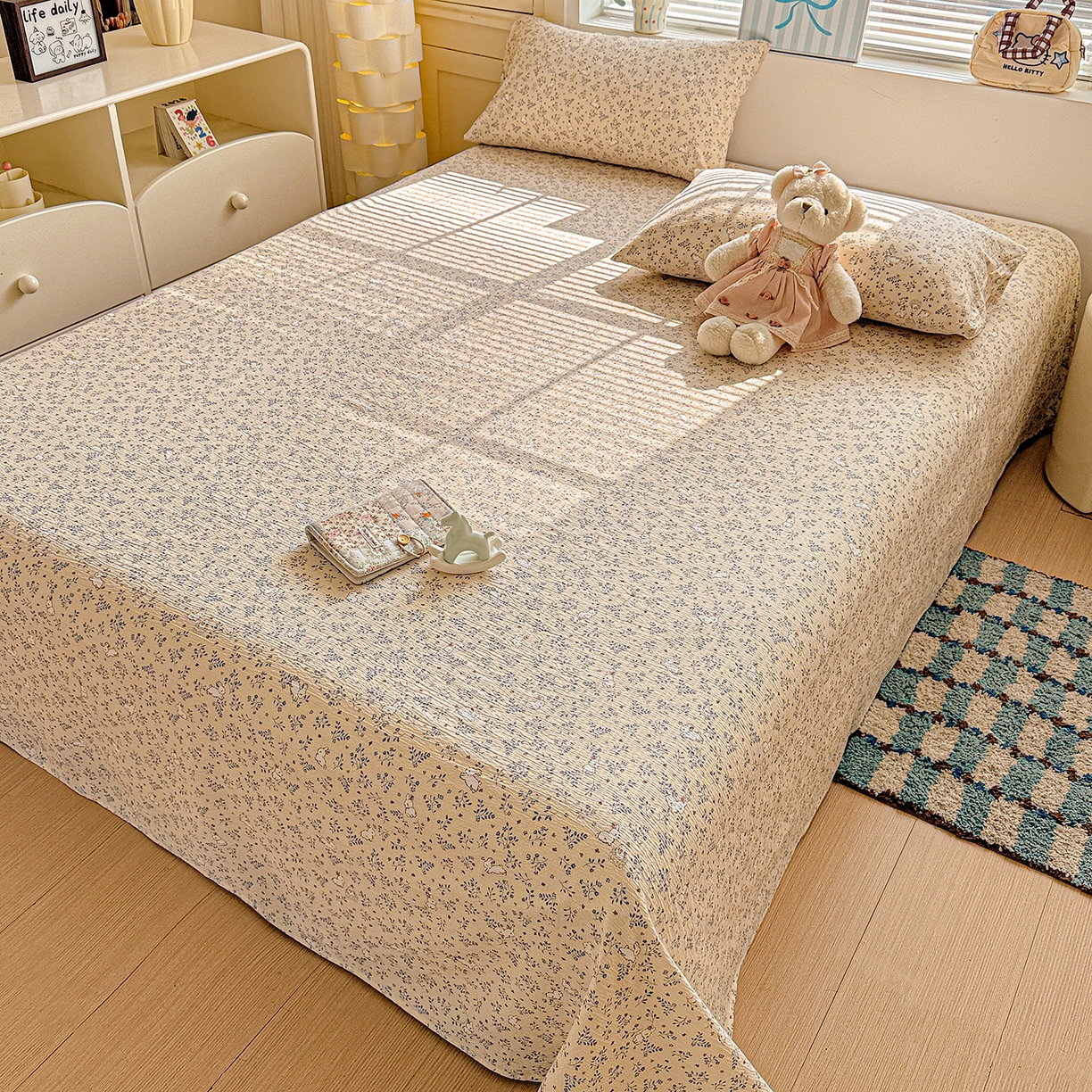 91家纺网 家纺一手货源 找家纺 仟人梦 2026新款云感双层纱印花单床单-叠拍图 花园兔