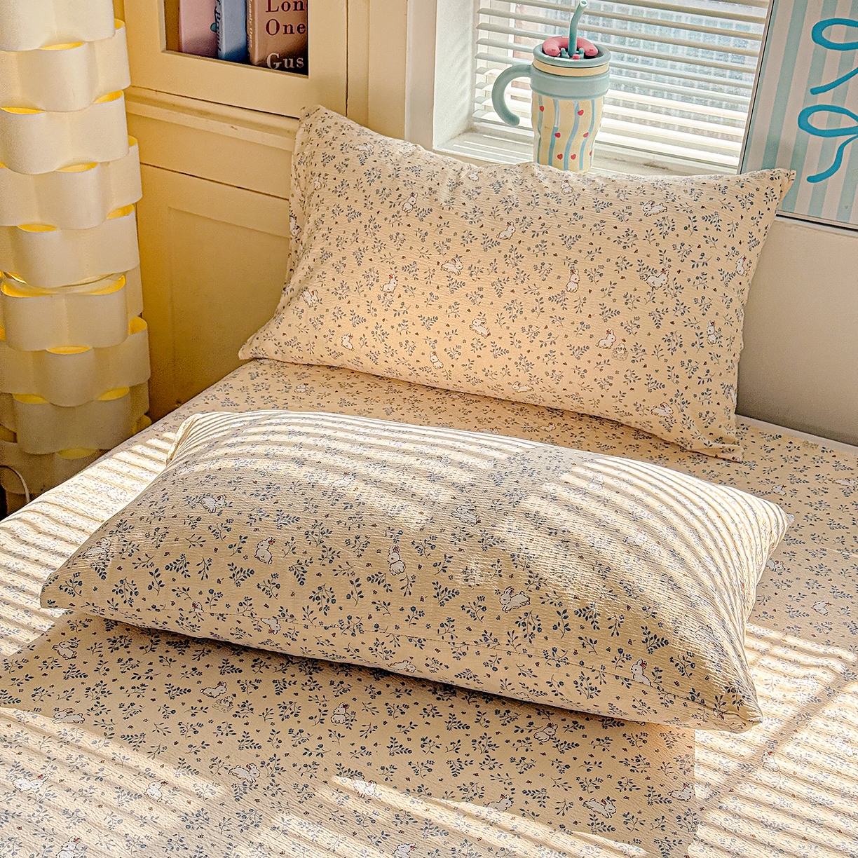 91家纺网 家纺一手货源 找家纺 仟人梦 2026新款云感双层纱印花单床单-叠拍图 花园兔