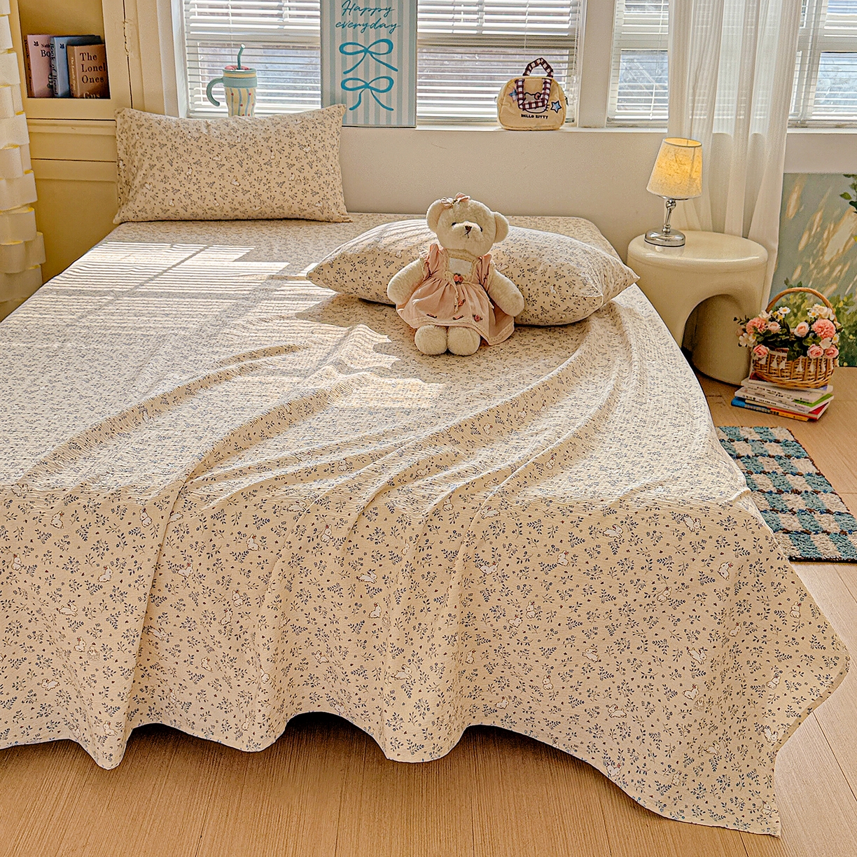 91家纺网 家纺一手货源 找家纺 仟人梦 2026新款云感双层纱印花单床单-叠拍图 花园兔