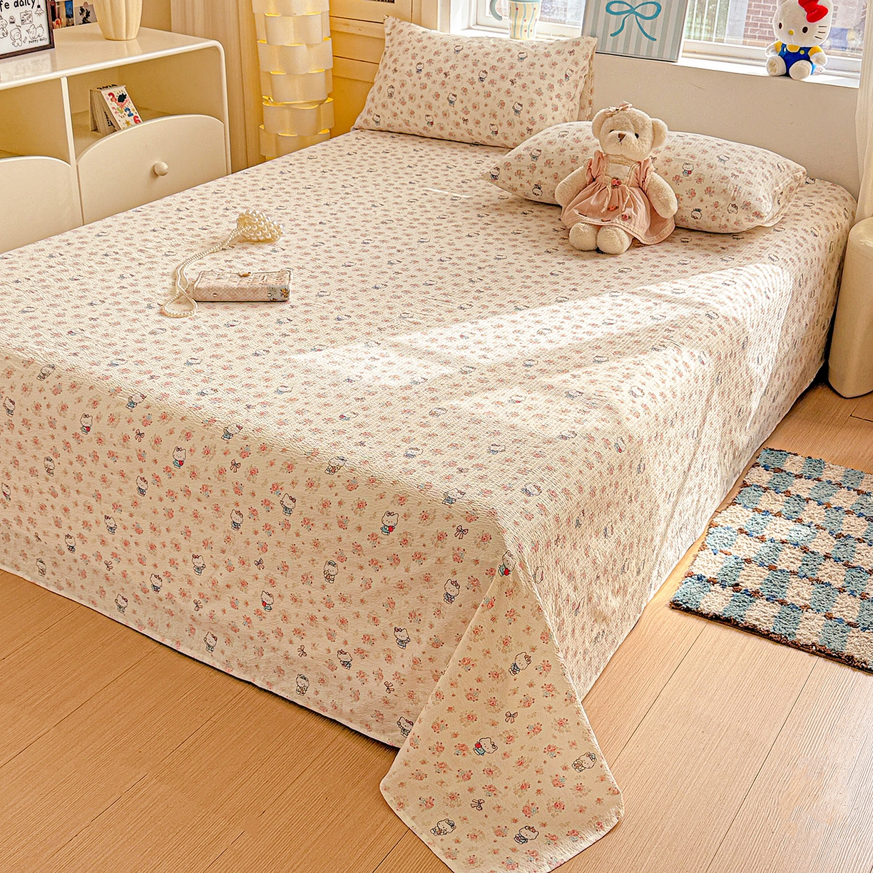 91家纺网 家纺一手货源 找家纺 仟人梦 2026新款云感双层纱印花单床单-叠拍图 凯迪猫