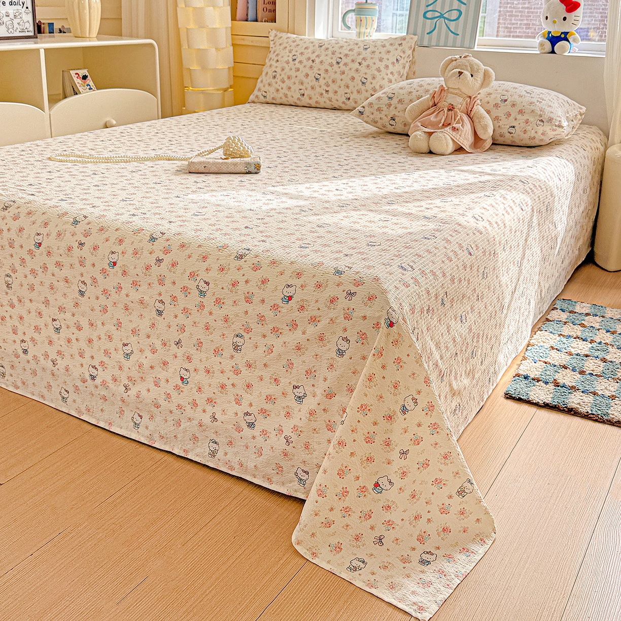 91家纺网 家纺一手货源 找家纺 仟人梦 2026新款云感双层纱印花单床单-叠拍图 凯迪猫