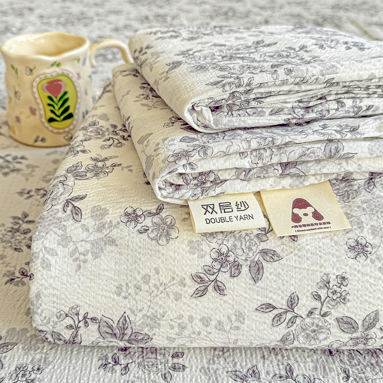 仟人梦 2026新款云感双层纱印花单床单-叠拍图 蓝黛