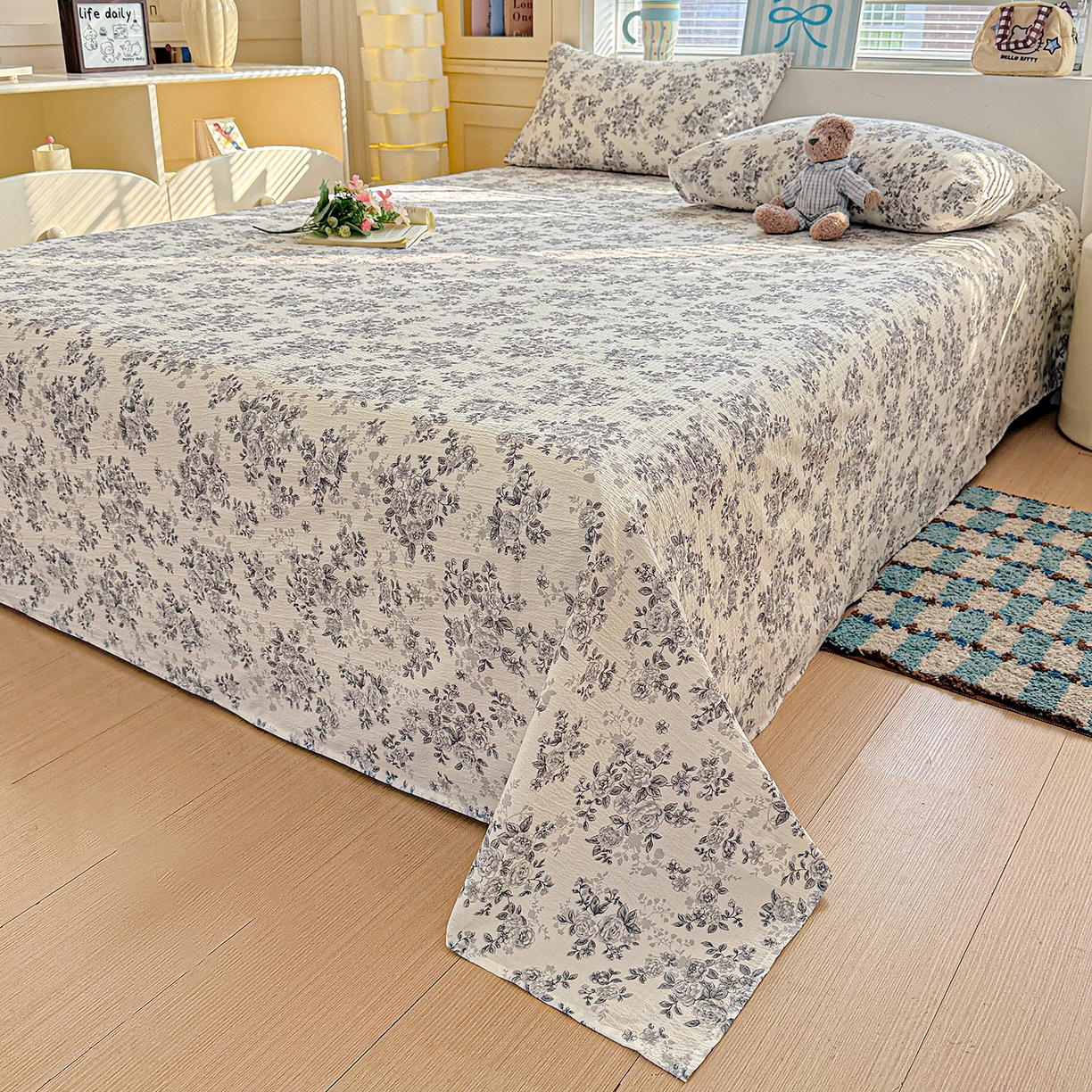 91家纺网 家纺一手货源 找家纺 仟人梦 2026新款云感双层纱印花单床单-叠拍图 蓝黛