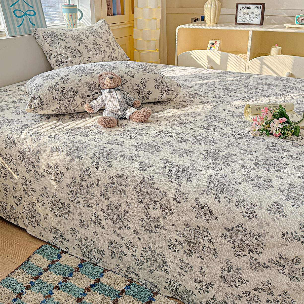 91家纺网 家纺一手货源 找家纺 仟人梦 2026新款云感双层纱印花单床单-叠拍图 蓝黛