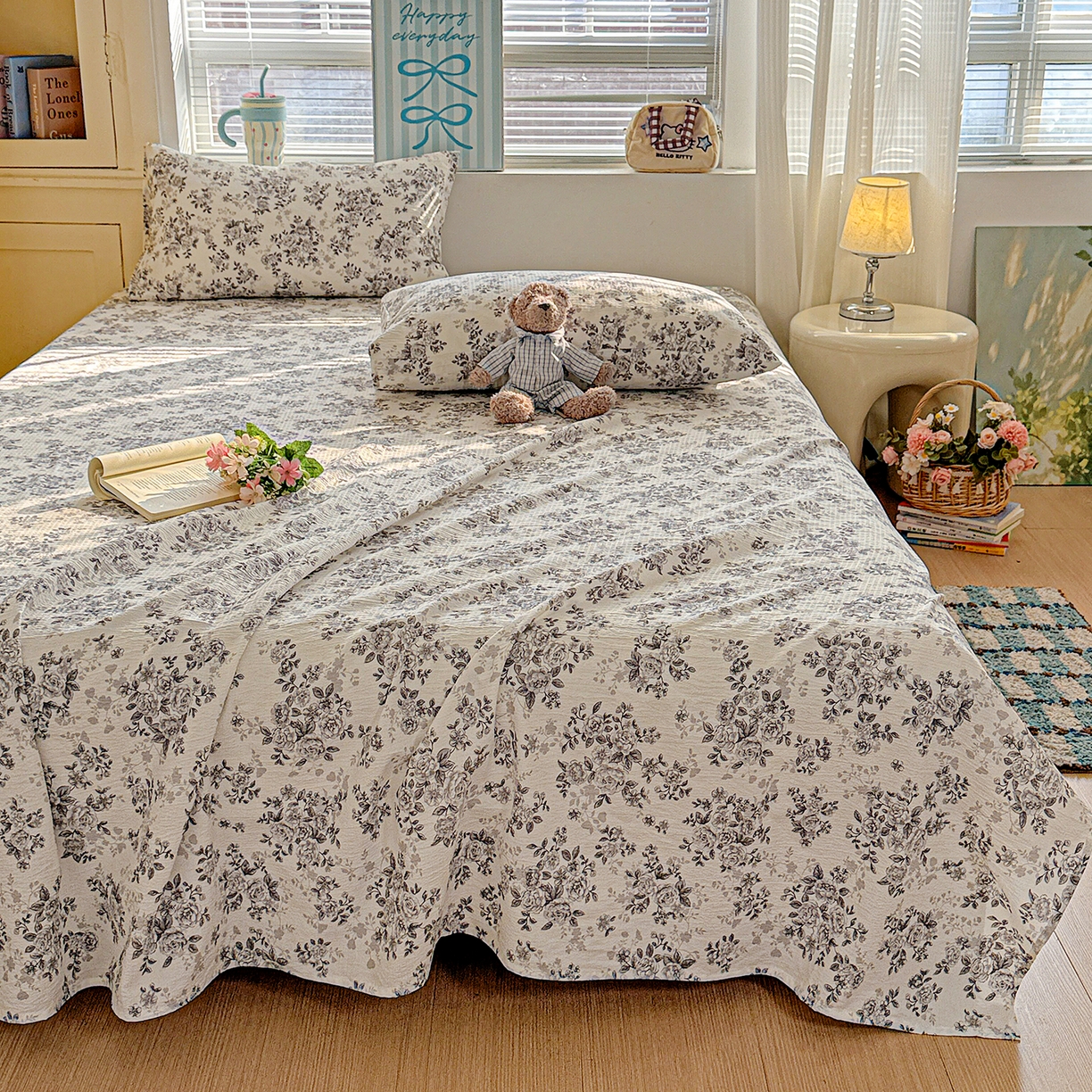 91家纺网 家纺一手货源 找家纺 仟人梦 2026新款云感双层纱印花单床单-叠拍图 蓝黛