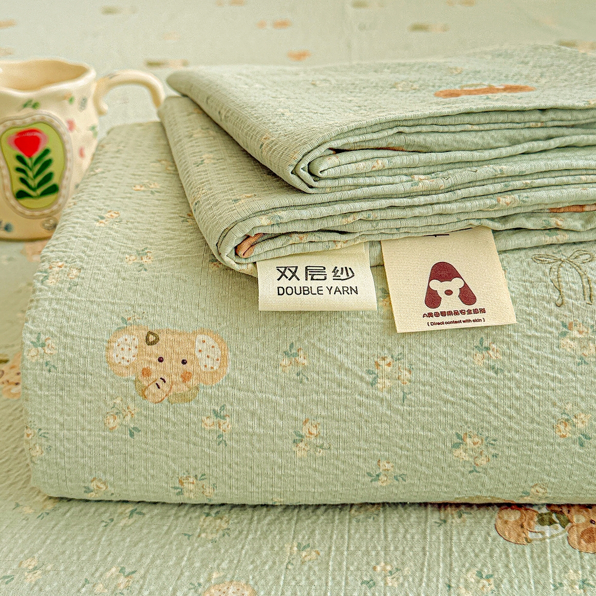 仟人梦 2026新款云感双层纱印花单床单-叠拍图 绿色泡泡