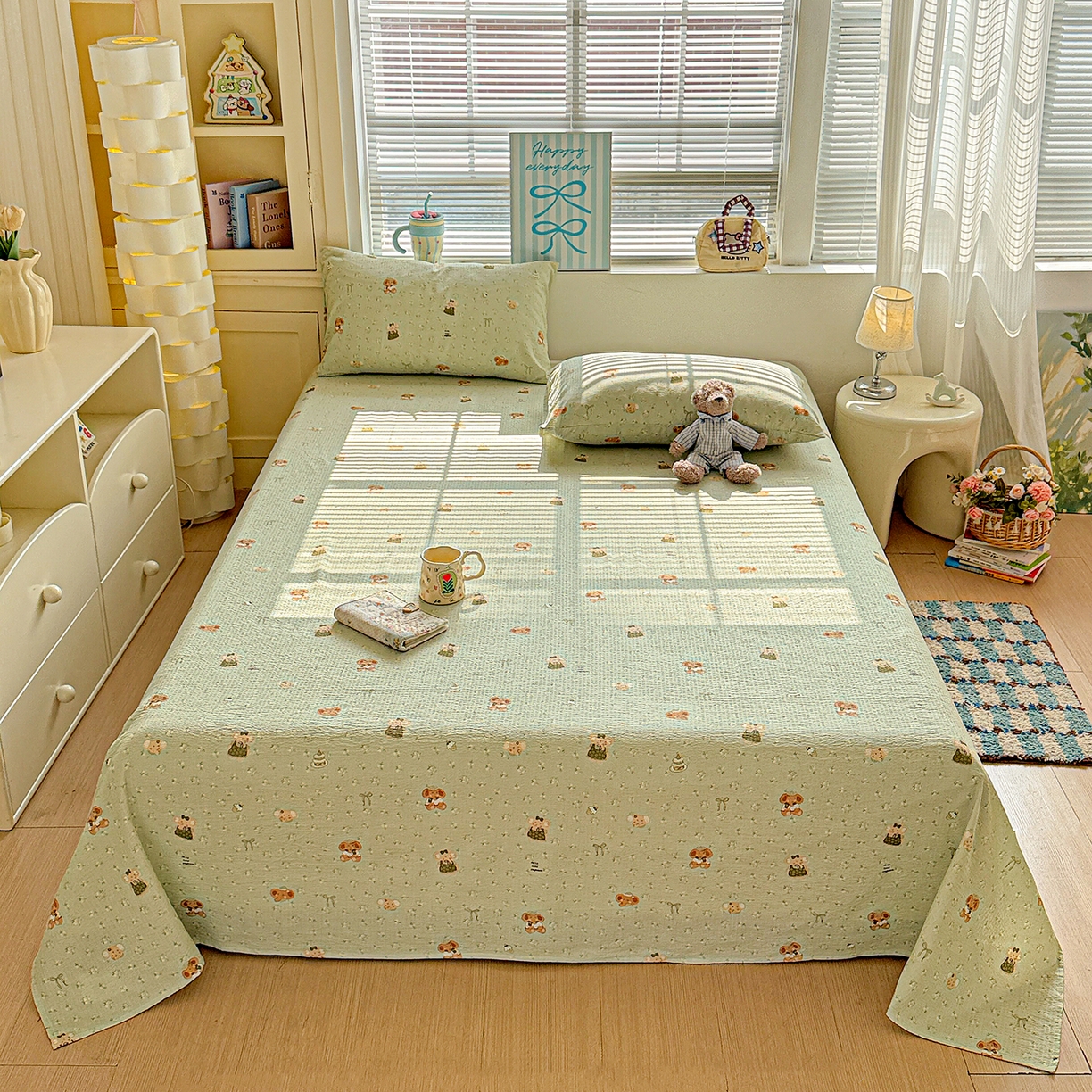 91家纺网 家纺一手货源 找家纺 仟人梦 2026新款云感双层纱印花单床单-叠拍图 绿色泡泡