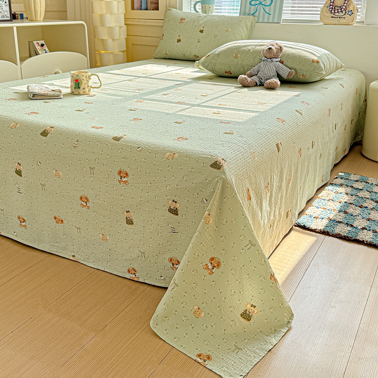 91家纺网 家纺一手货源 找家纺 仟人梦 2026新款云感双层纱印花单床单-叠拍图 绿色泡泡