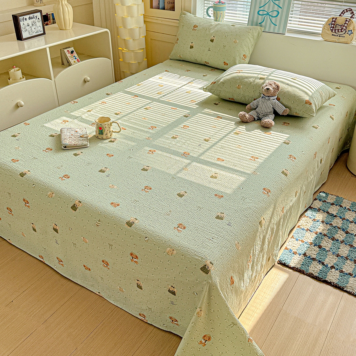 91家纺网 家纺一手货源 找家纺 仟人梦 2026新款云感双层纱印花单床单-叠拍图 绿色泡泡