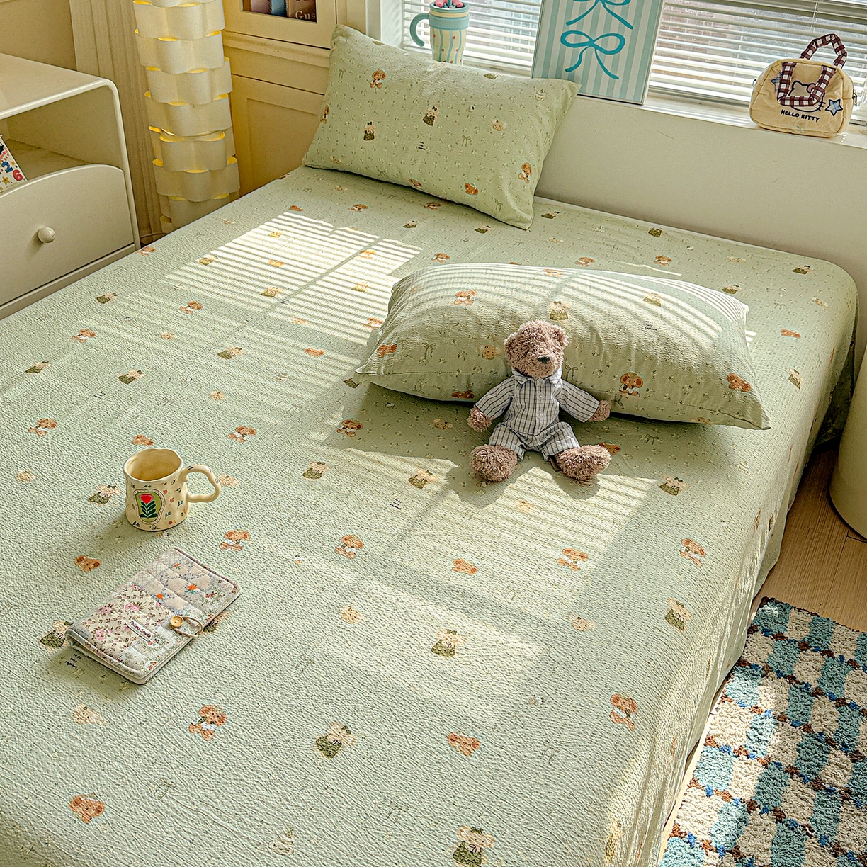 91家纺网 家纺一手货源 找家纺 仟人梦 2026新款云感双层纱印花单床单-叠拍图 绿色泡泡