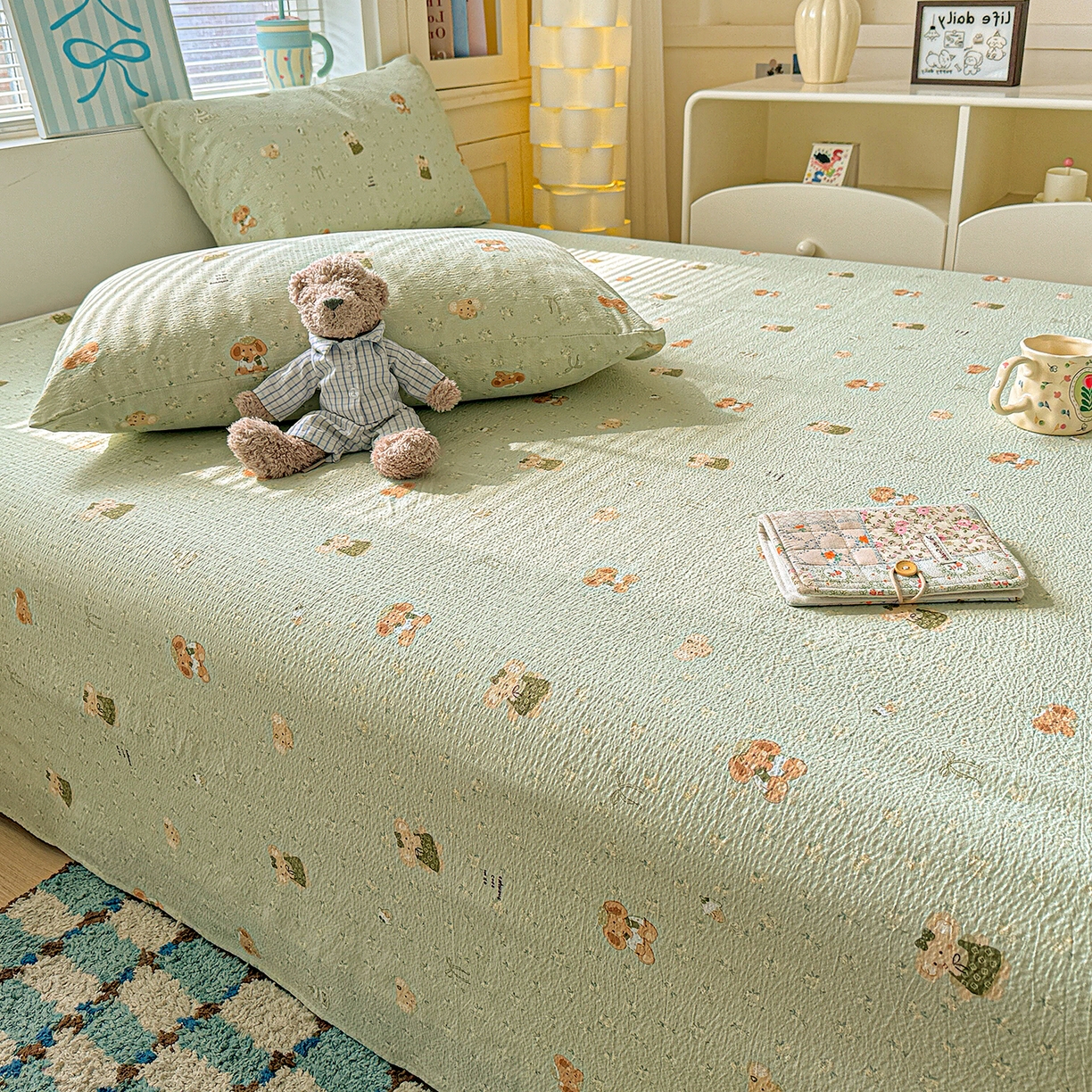 91家纺网 家纺一手货源 找家纺 仟人梦 2026新款云感双层纱印花单床单-叠拍图 绿色泡泡