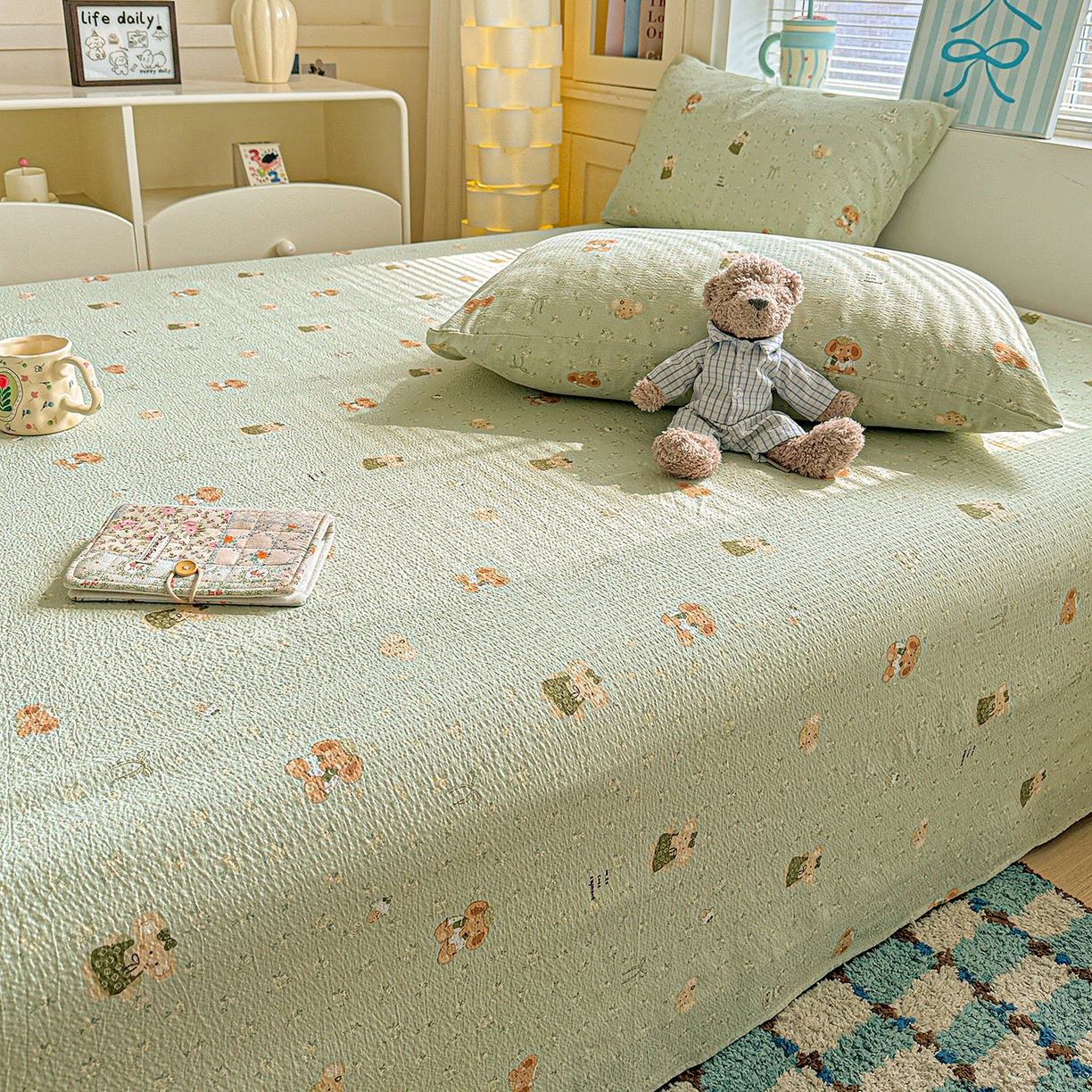 91家纺网 家纺一手货源 找家纺 仟人梦 2026新款云感双层纱印花单床单-叠拍图 绿色泡泡