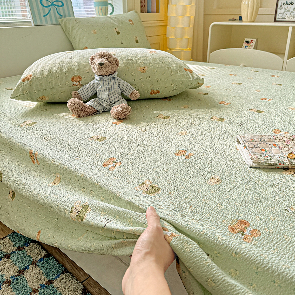 91家纺网 家纺一手货源 找家纺 仟人梦 2026新款云感双层纱印花单床单-叠拍图 绿色泡泡