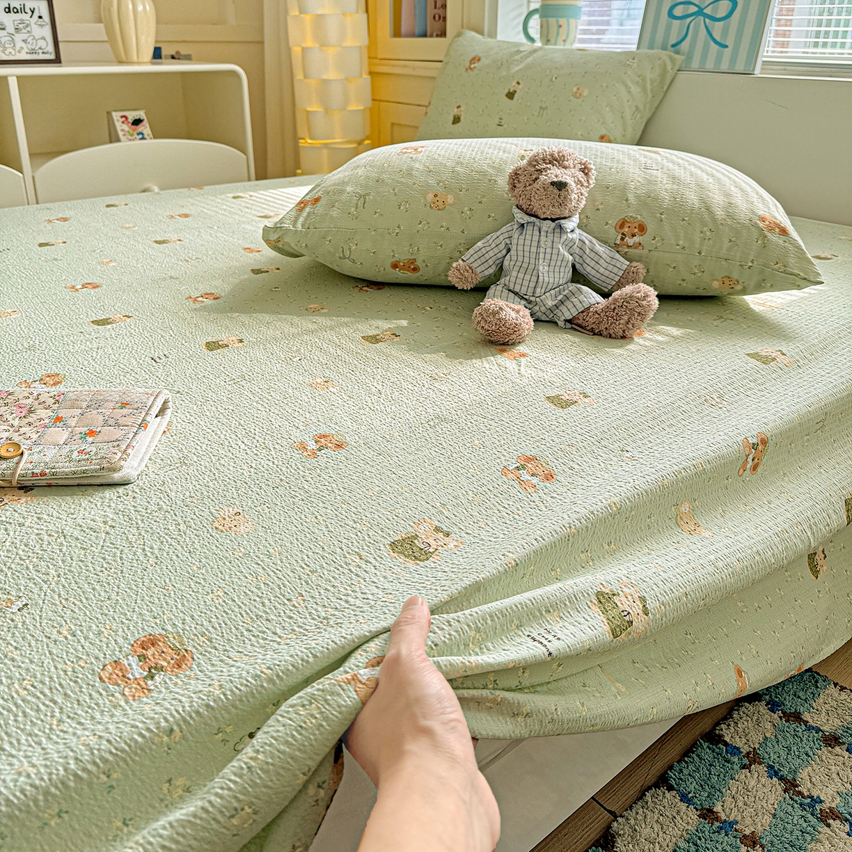 91家纺网 家纺一手货源 找家纺 仟人梦 2026新款云感双层纱印花单床单-叠拍图 绿色泡泡