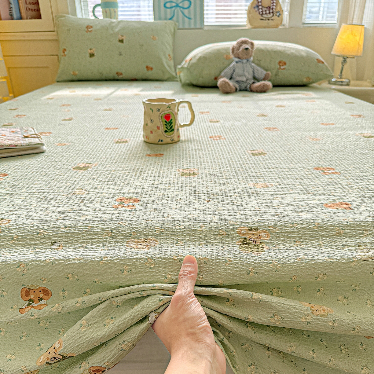 91家纺网 家纺一手货源 找家纺 仟人梦 2026新款云感双层纱印花单床单-叠拍图 绿色泡泡