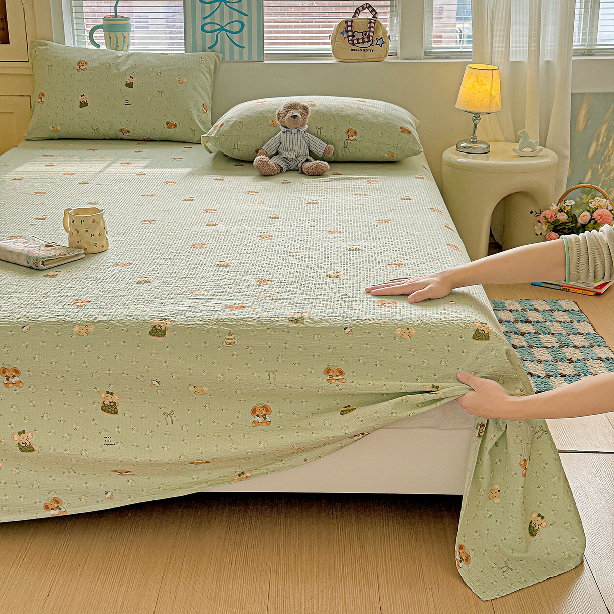 91家纺网 家纺一手货源 找家纺 仟人梦 2026新款云感双层纱印花单床单-叠拍图 绿色泡泡