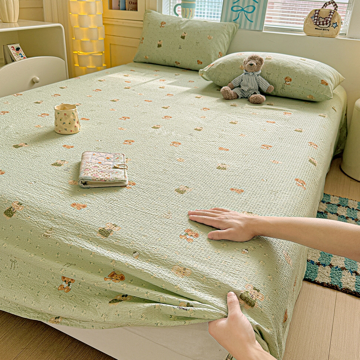 91家纺网 家纺一手货源 找家纺 仟人梦 2026新款云感双层纱印花单床单-叠拍图 绿色泡泡