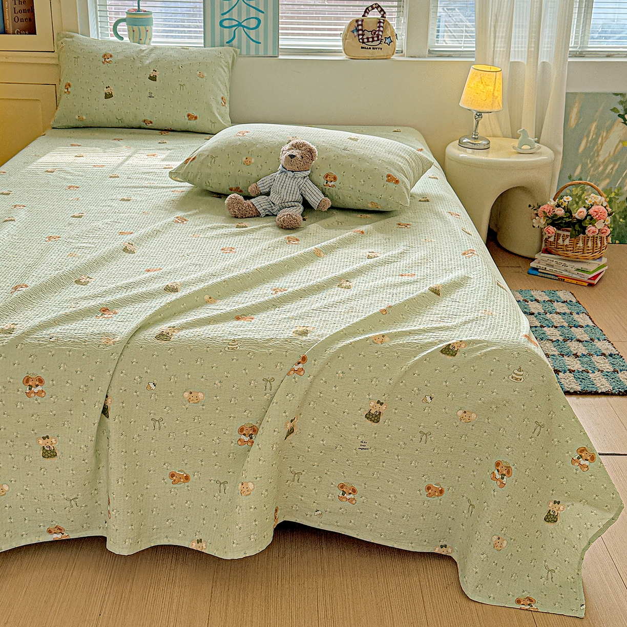 91家纺网 家纺一手货源 找家纺 仟人梦 2026新款云感双层纱印花单床单-叠拍图 绿色泡泡