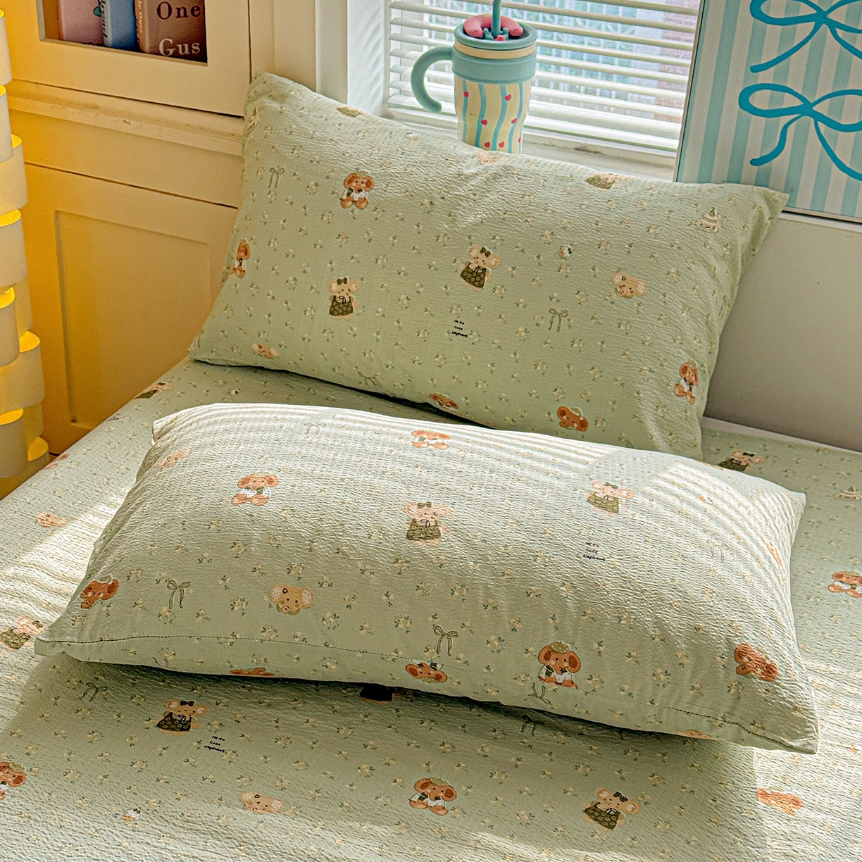 91家纺网 家纺一手货源 找家纺 仟人梦 2026新款云感双层纱印花单床单-叠拍图 绿色泡泡