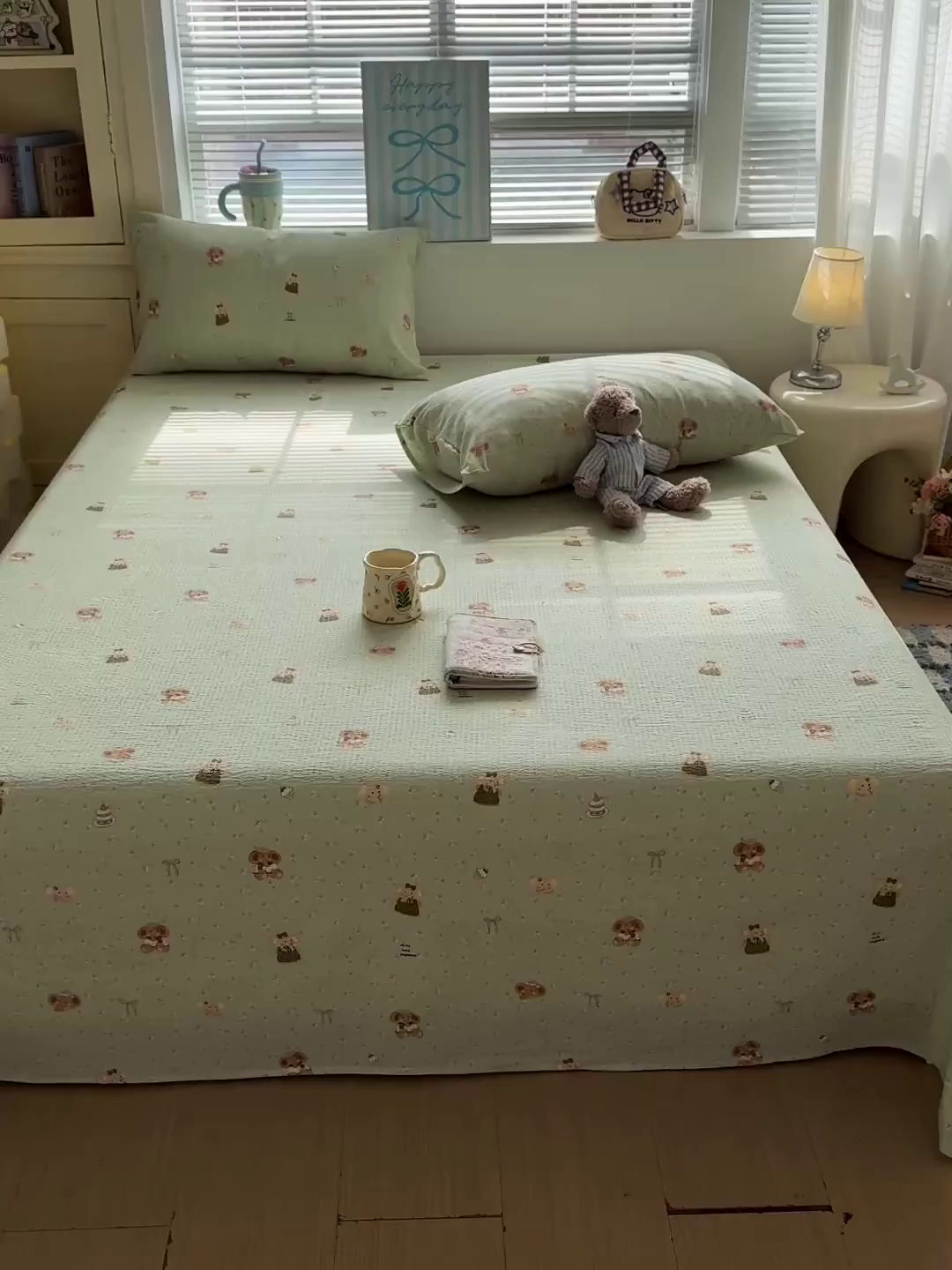 91家纺网 家纺一手货源 找家纺 仟人梦 2026新款云感双层纱印花单床单-叠拍图 绿色泡泡